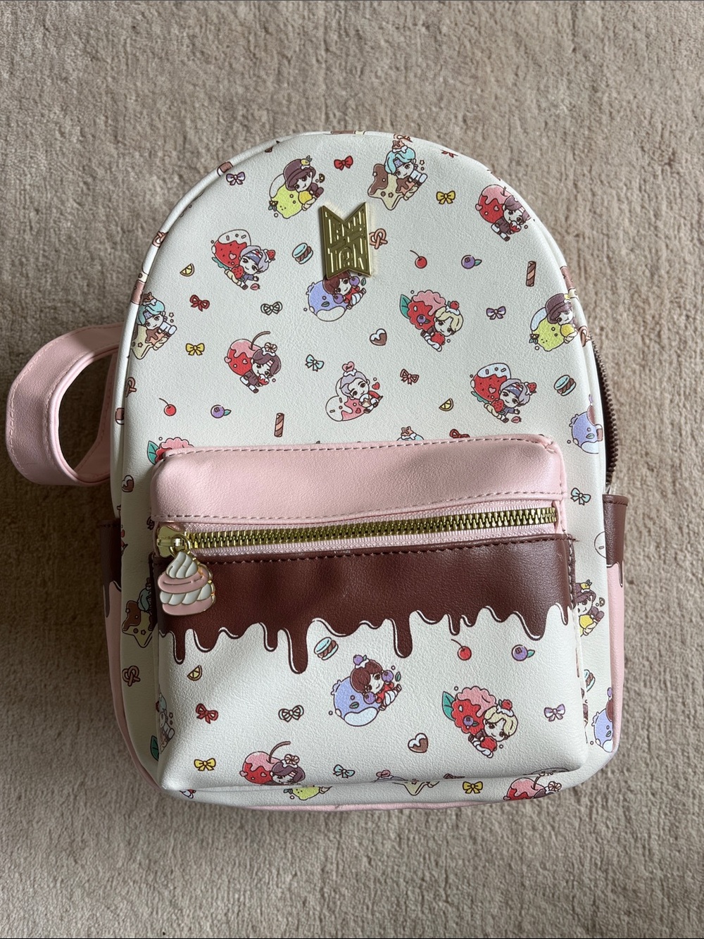 BTS Cute Pink & White Mini Backpack with Chocolate Drip Design